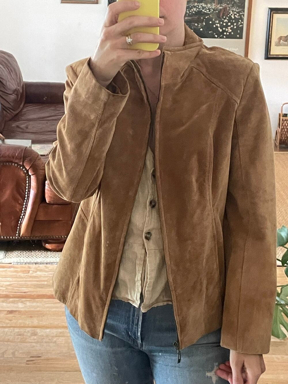 Vintage Suede Funnel Neck Jacket Zip Front